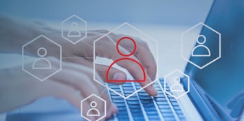 Hand typing on a keyboard with icons of candidates over it